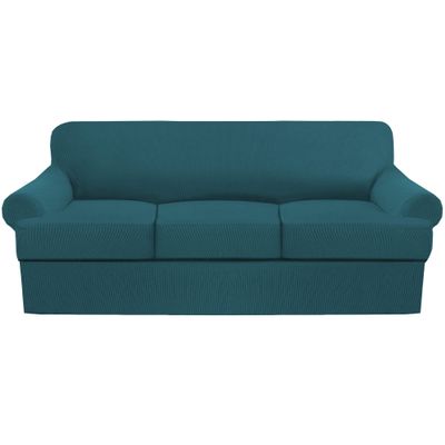 4 Piece T Cushion Sofa Slipcovers Thick Couch Cover Furniture Protector Stretch T Cushion Sofa Covers for 3 Cushion Couch with 3 Individual T Cushion Covers Washable (Teal, Sofa) (LJX)