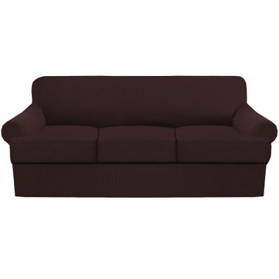 4 Piece T Cushion Sofa Slipcovers Thick Couch Cover Furniture Protector Stretch T Cushion Sofa Covers for 3 Cushion Couch with 3 Individual T Cushion Covers Washable (Brown, Sofa)
