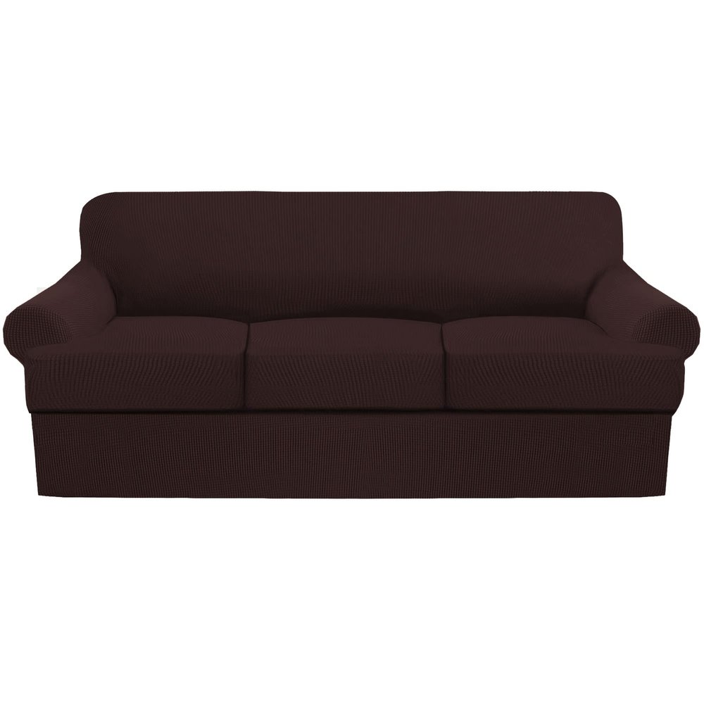 4 Piece T Cushion Sofa Slipcovers Thick Couch Cover Furniture Protector Stretch T Cushion Sofa Covers for 3 Cushion Couch with 3 Individual T Cushion Covers Washable (Brown, Sofa)