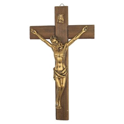 12 Inch Wall Crucifix Jesus Christ On Carbonized Wood Cross, Gold Finish Jesus On Cross Home Chapel Decor