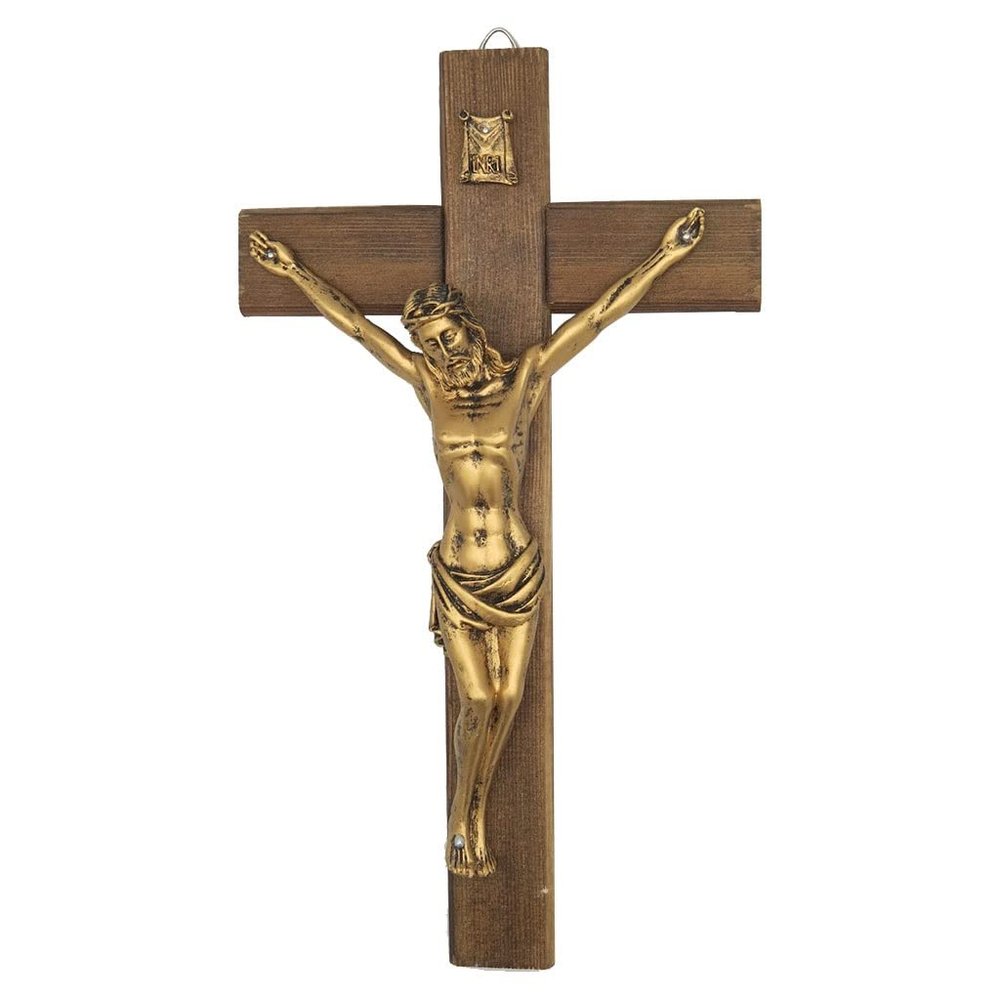 12 Inch Wall Crucifix Jesus Christ On Carbonized Wood Cross, Gold Finish Jesus On Cross Home Chapel Decor