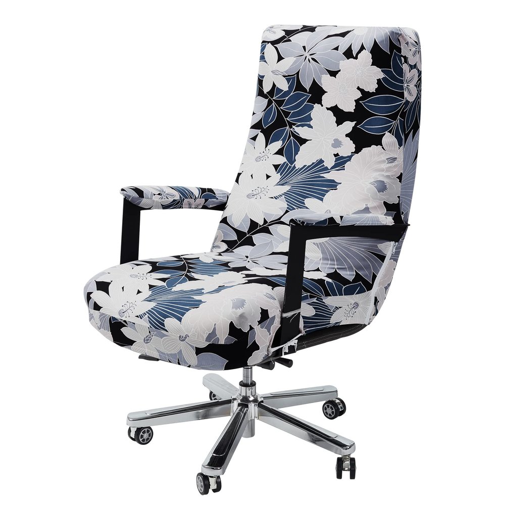 WOMACO Office Chair Covers, Stretch Computer Chair Cover with Armrest Covers, Universal Boss Chair Covers Modern Simplism Style High Back Chair Slipcover (Leaves and Flowers, Large)