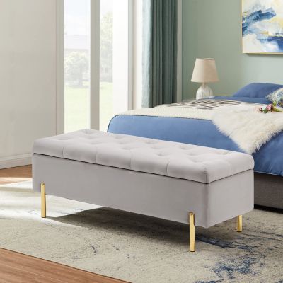 Rongbuk Velvet Storage Bench Ottoman with Soft Close Lid, End of Bed Bench Upholstered Fabric Storage Ottoman Bench for Bedroom Entryway Living Room, Grey