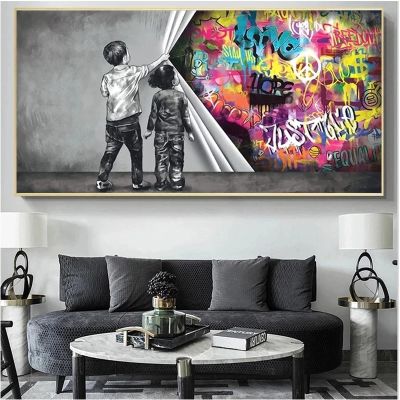 HOLEILUCK Graffiti Child Uncovered Justice Canvas Painting Banksy Wall Art Print Boy Behind the Curtain Oversized Picture Decor 80x165cm(31.50x64.96in) Withframe, White