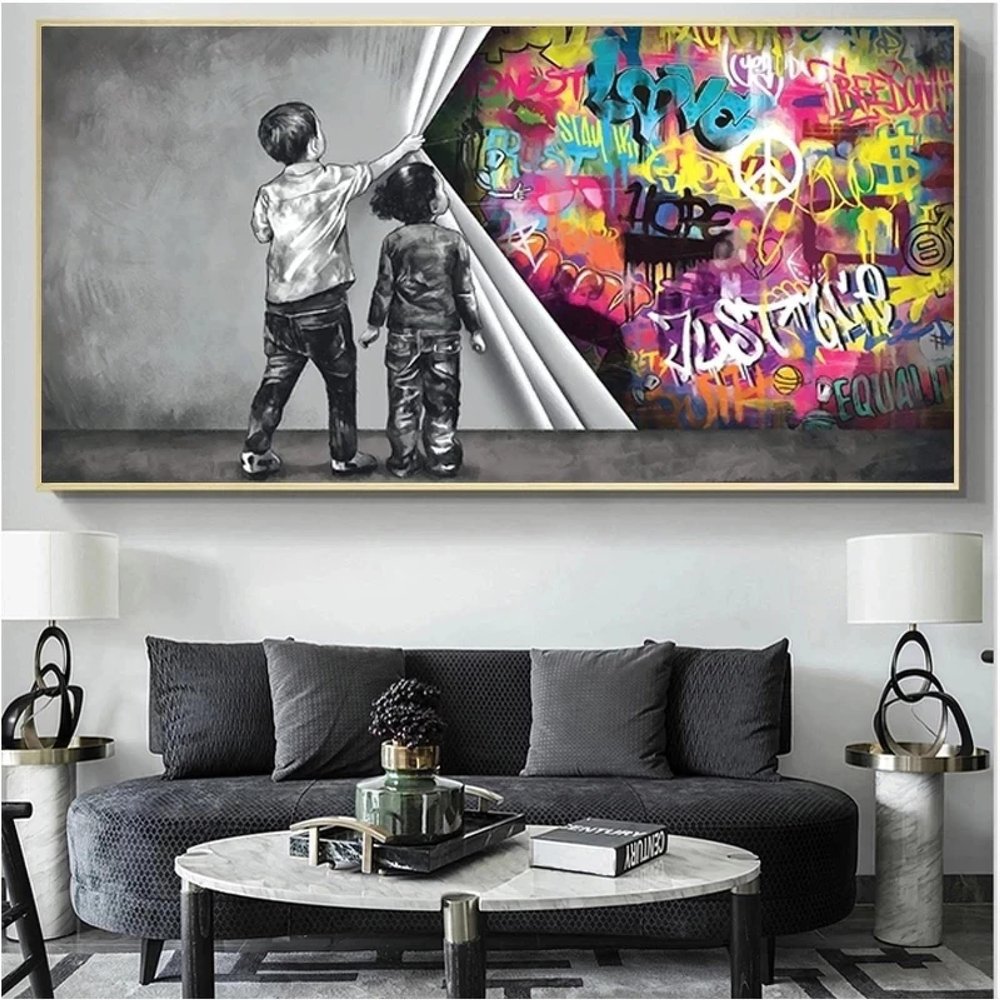 HOLEILUCK Graffiti Child Uncovered Justice Canvas Painting Banksy Wall Art Print Boy Behind the Curtain Oversized Picture Decor 80x165cm(31.50x64.96in) Withframe, White