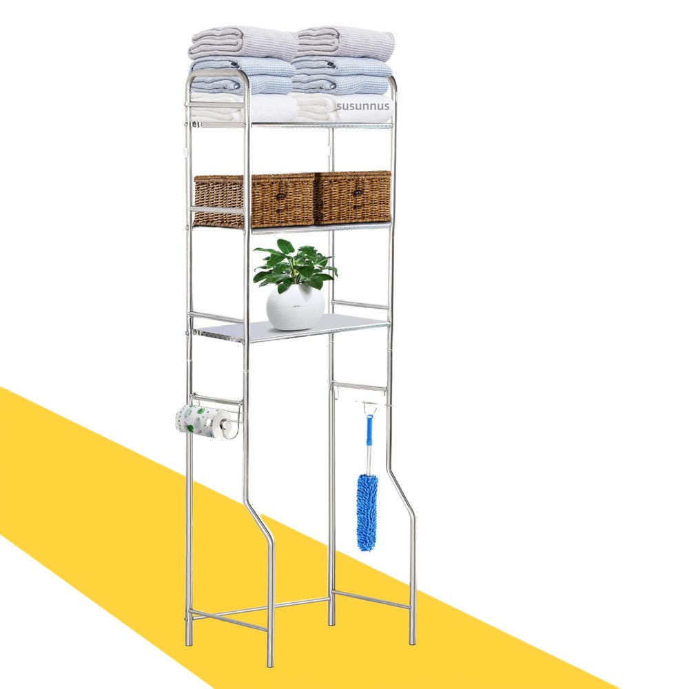 susunnus Over The Toilet Storage 3 Tier M,Bathroom Shelves Over Toilet,Freestanding Space Saver with Toilet Paper Holder,Stainless Steel,Pragmatic,Sturdy,Waterproof,Silver