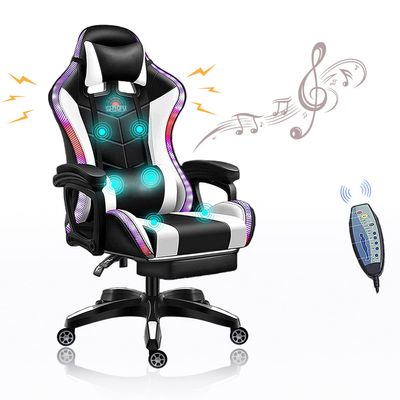 FZYUAN RGB Gaming Chair with Footrest, Massage Video Gaming Chair with Bluetooth Speakers, Lumbar Support, 90-135 Height Adjustment, Computer Chair Reclining for Aldults and Teens,White