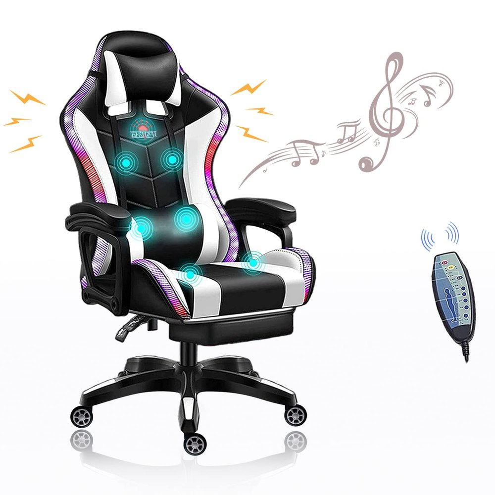 FZYUAN RGB Gaming Chair with Footrest, Massage Video Gaming Chair with Bluetooth Speakers, Lumbar Support, 90-135 Height Adjustment, Computer Chair Reclining for Aldults and Teens,White