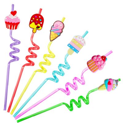 Reusable Ice Cream Straws Party Favors Supplies,24Pcs Plastic Cupcake Fun Cute Long Crazy Silly Spiral Drinking Straws for Birthday Hawaiian Beach Cocktail Luau Party Decorations 1 Cleaning Brush