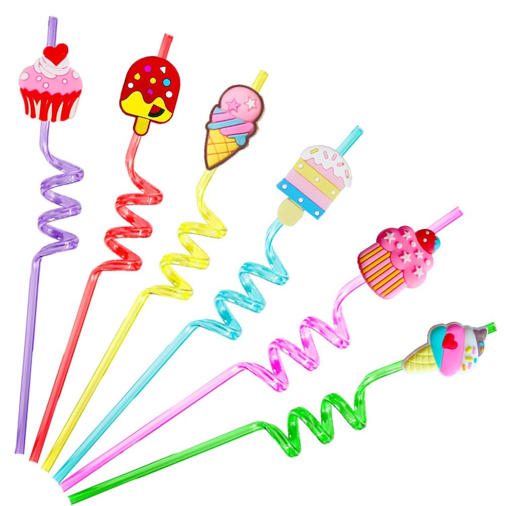 Reusable Ice Cream Straws Party Favors Supplies,24Pcs Plastic Cupcake Fun Cute Long Crazy Silly Spiral Drinking Straws for Birthday Hawaiian Beach Cocktail Luau Party Decorations 1 Cleaning Brush
