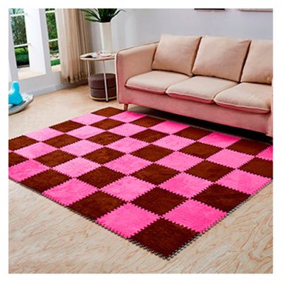 12 Pieces Thickened Plush Foam Interlocking Floor Mat,Fluffy Square Foam Tiles with 12 Edgings,Soft Anti-Slip Puzzle Area Rug Playmat for Bedroom,12X12inch,12 Tiles/11.6 Sq.Ft,Rose+Coffee
