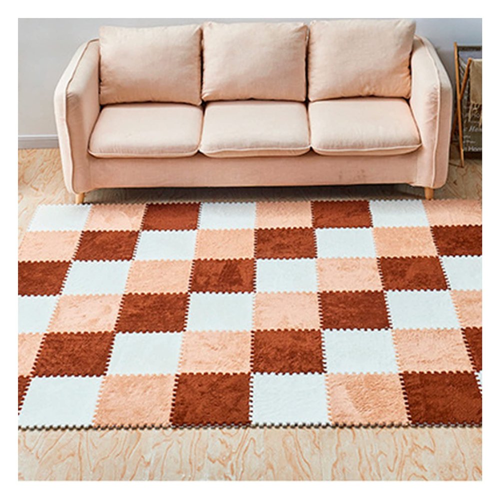 12 Pieces Thickened Plush Foam Interlocking Floor Mat,Fluffy Square Foam Tiles with 12 Edgings,Soft Anti-Slip Puzzle Area Rug Playmat for Bedroom,12X12inch,12 Tiles/11.6 Sq.Ft,Coffee+Camel+White