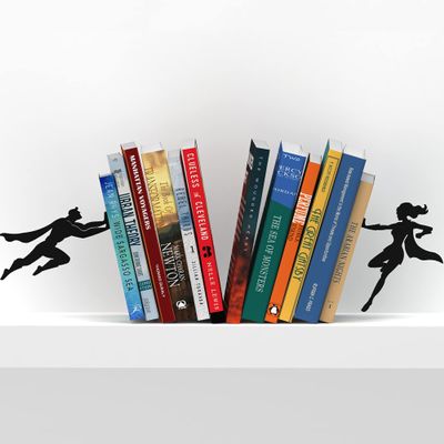 Artori Design Book Ends to Hold Books Heavy Duty Hidden Metal Bookends for Shelves Bookend Book Holder for Home Decorative Gift for Book End Lovers and Home Dcor (Supergal+Book&Hero)