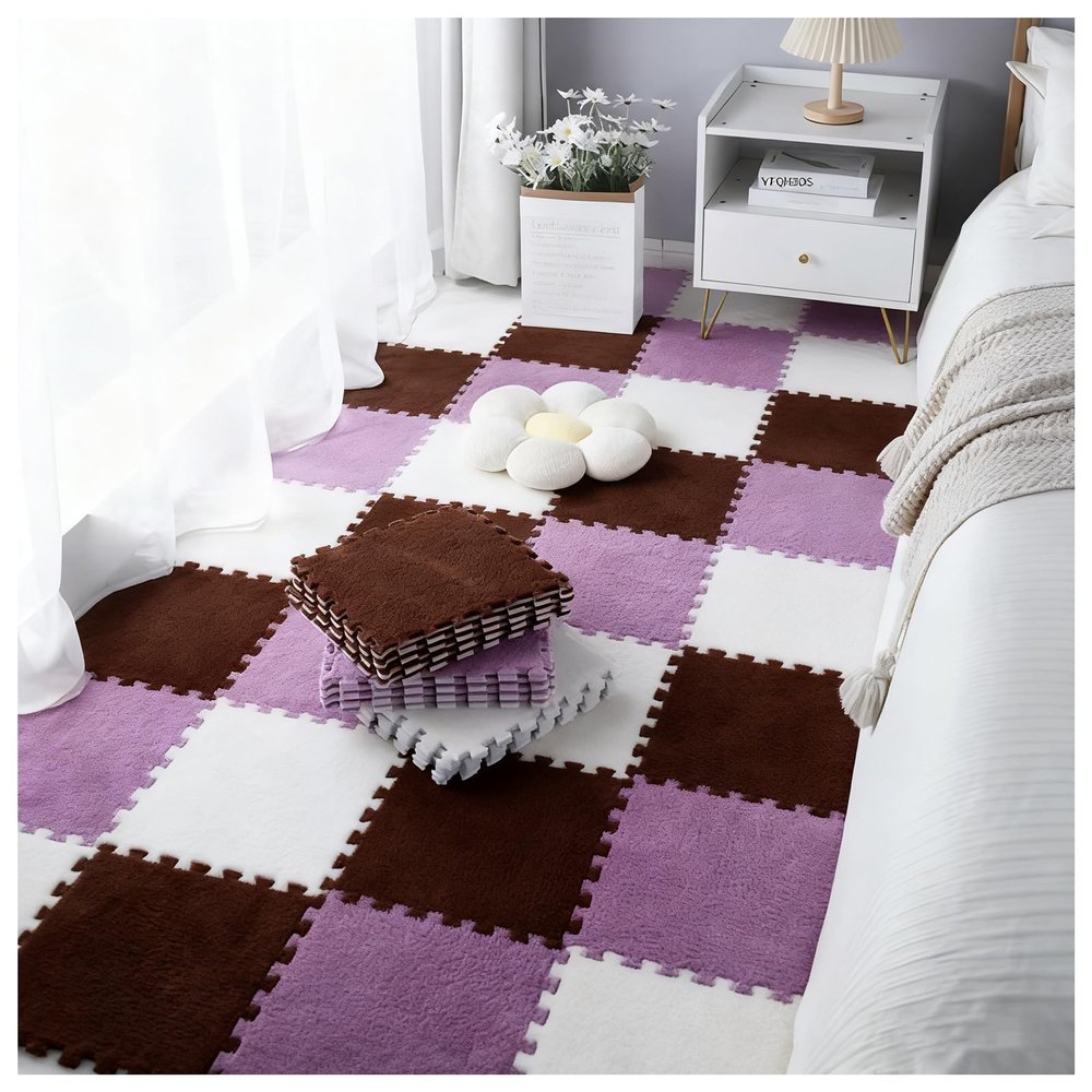 12 Pieces Thickened Plush Foam Interlocking Floor Mat,Fluffy Square Foam Tiles with 12 Edgings,Soft Anti-Slip Puzzle Area Rug Playmat for Bedroom,12X12inch,12 Tiles/11.6 Sq.Ft,Coffee+g Purple+White
