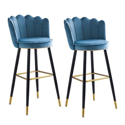 KrefihR Modern Velvet Bar Stool with Low Backs Set of 2 Barstools, Counter Height Kitchen Island Bar Chairs, Black Chrome Footed Round Upholstered Seat for Cafe, Lounge, Pub (Blue, Pink)