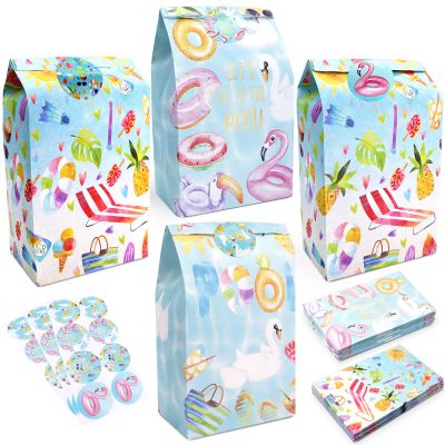 24 PCS Swimming Pool Party Favor Bags With Stickers - Candy and Goodie Gift Treat Bags for Pool Themed Birthday Party Supplies