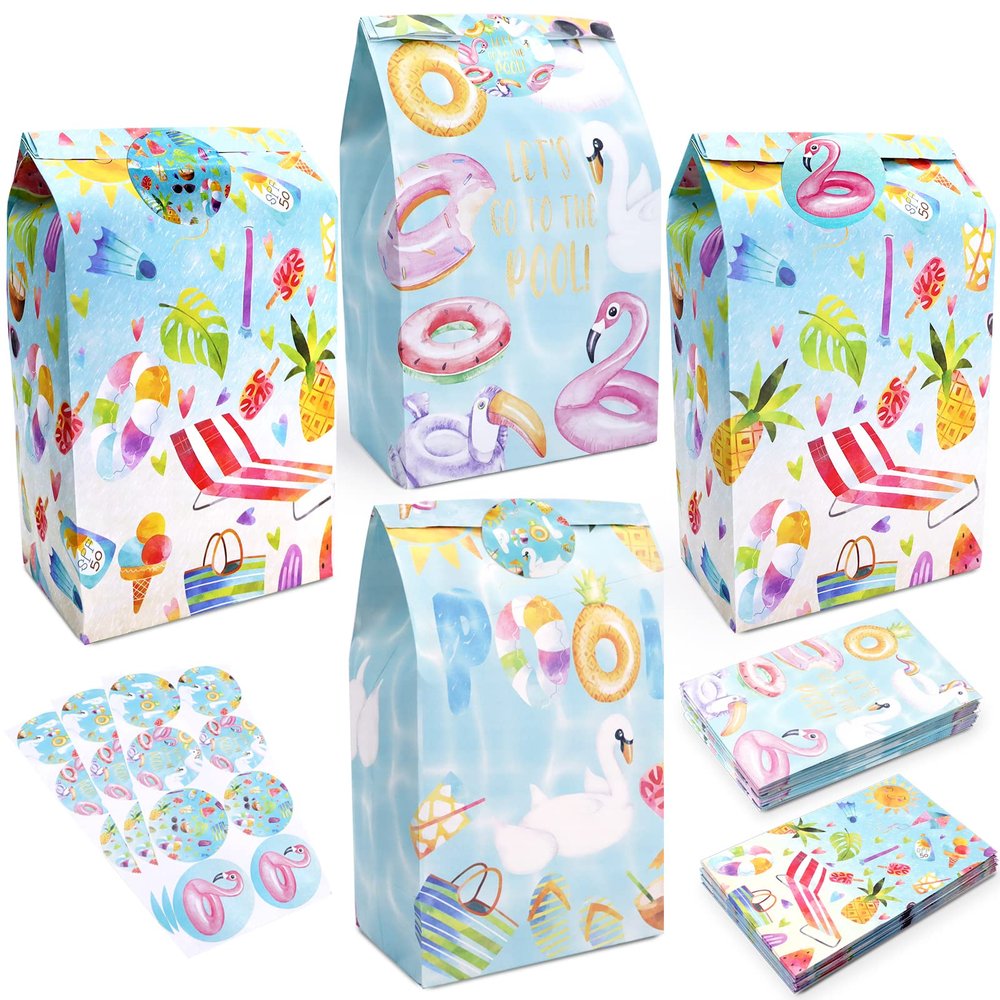 24 PCS Swimming Pool Party Favor Bags With Stickers - Candy and Goodie Gift Treat Bags for Pool Themed Birthday Party Supplies