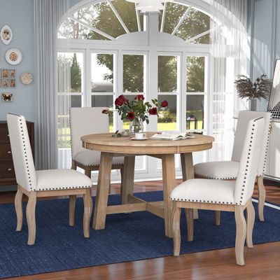XD Designs Farmhouse 5-Piece Dining Table Set, Acacia Wood Round Extendable Dining Table with X-Shaped Base, 4 Upholstered Dining Chairs with Bronze Nailheads for Kitchen Dining Room (Natural-Wash)