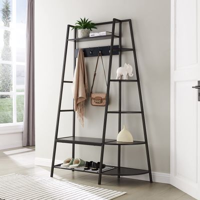 Kings Brand Furniture - Hall Tree with Storage Bench and Shelf - Entryway Bench with Shoe Storage Hooks and Coat Rack Stand with Shelf - 5 Side Corner Wood Shelves for Home Decor - Pewter