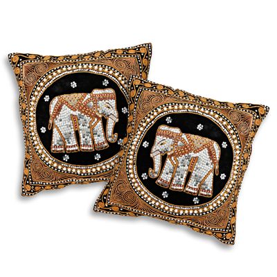 AeraVida Elegant Thai Elephant Velvet and Pearls Set of 2 Square Pillow Case (Black) | Throw Pillow Covers Elephant | Decorative Pillow Covers | Black Pillow Covers Set of 2