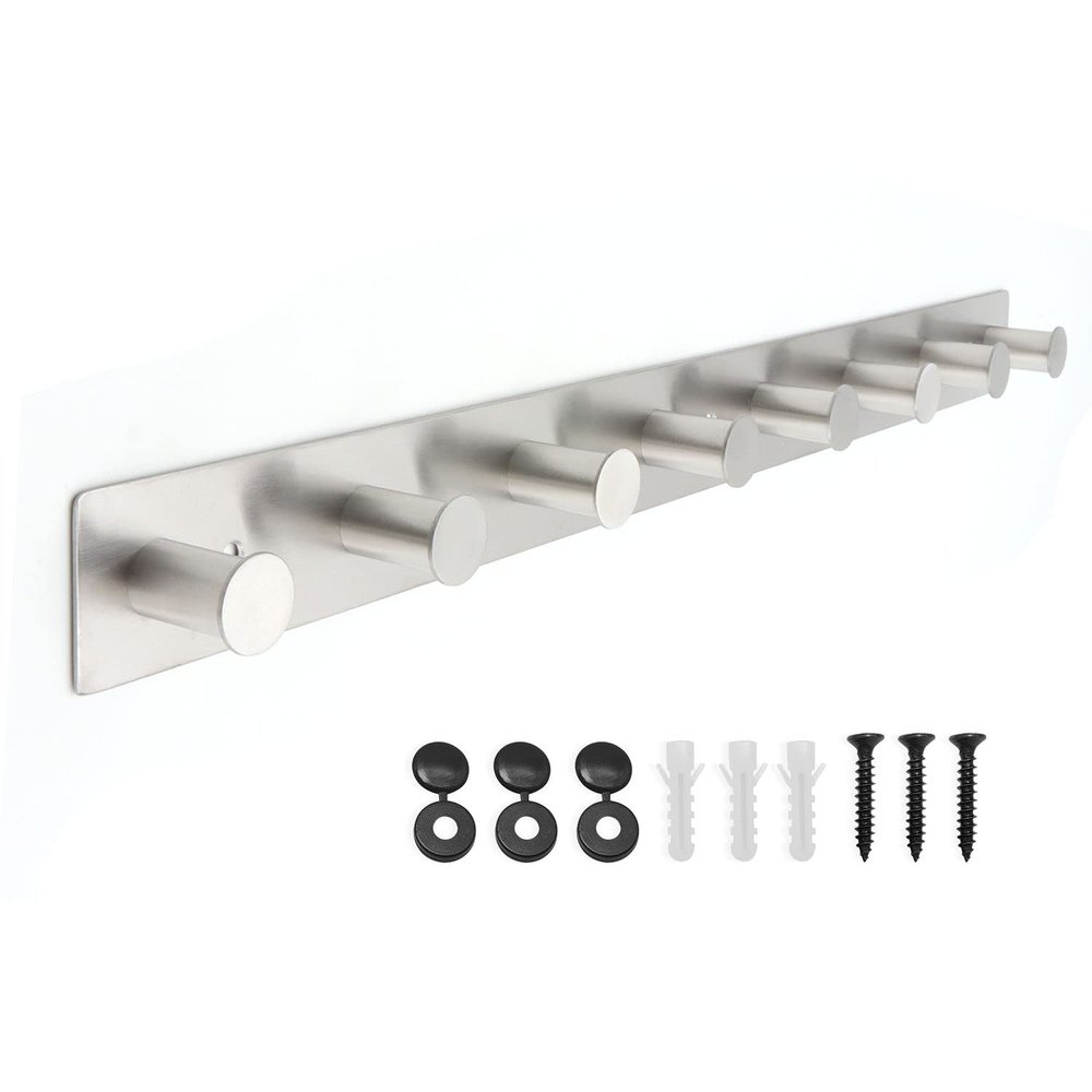 AJLTPA Coat Rack Wall Mounted, White Coat Hooks Screw in, Stainless Steel Door Hooks for Hanging Hat Towels Clothes, Hook Rail with 8 Round Hangers (Silver, 8 Hooks)