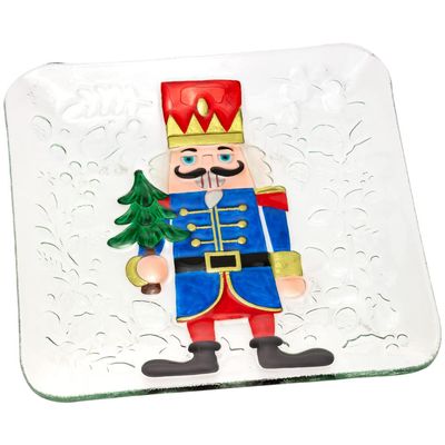 Boston International Christmas Winter Holiday Glass Serving Plate, 12 x 12-Inches, Nutcracker with Tree