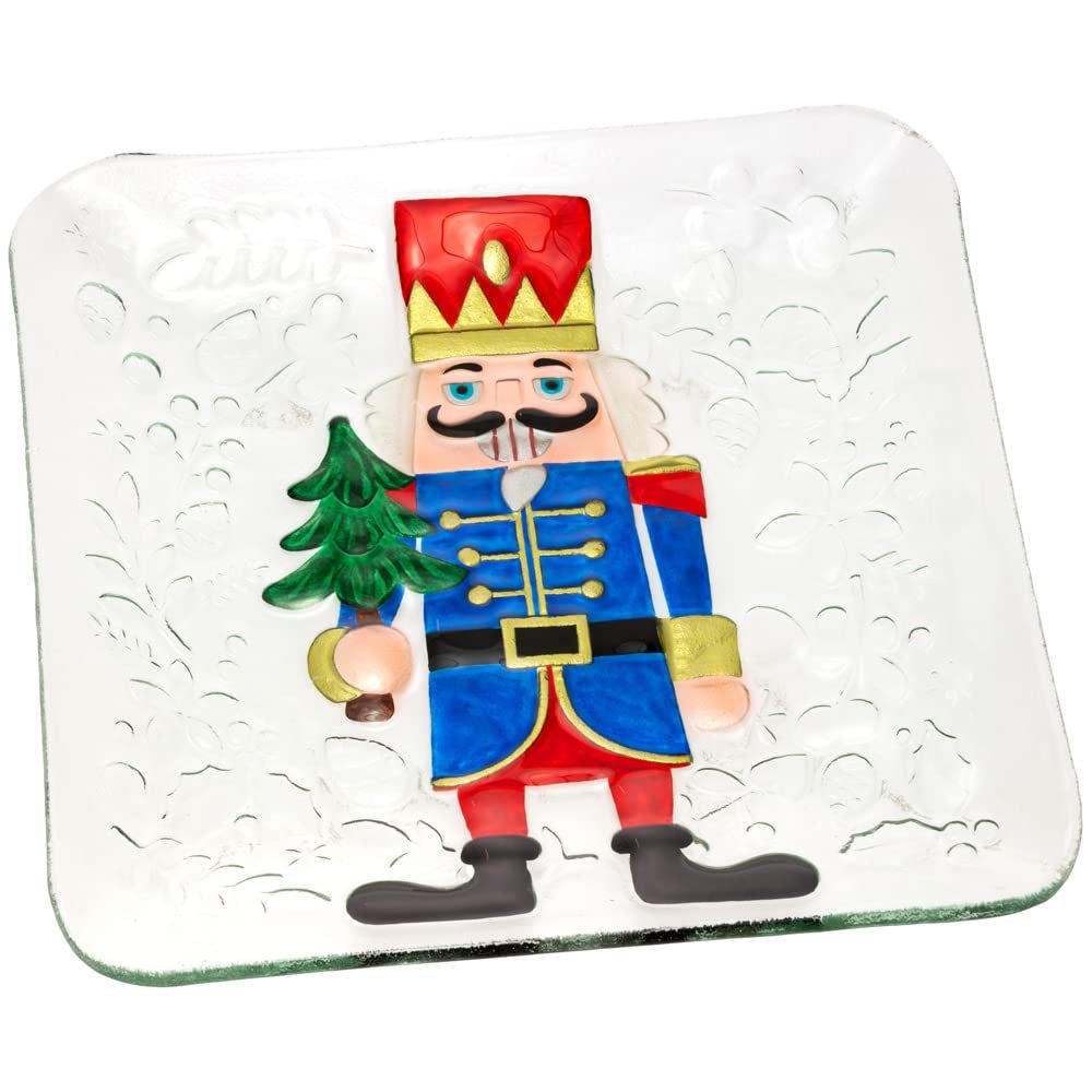 Boston International Christmas Winter Holiday Glass Serving Plate, 12 x 12-Inches, Nutcracker with Tree