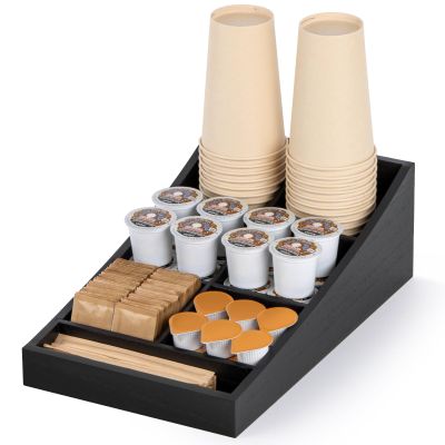 ANBOXIT Coffee Station Organizer for Countertop, Condiment Storage Caddy, Coffee Bar Supplies Organizer for Home, Office and Breakroom - Wooden, Black, 7 Compartment