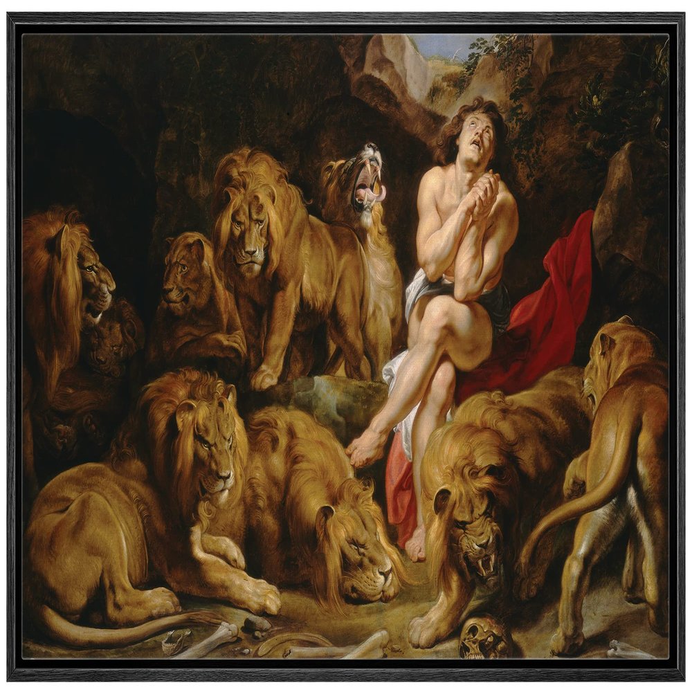 wall26 - Oil Painting of Daniel in The Lion's Den by Peter Paul Rubens in c. 1615 - Baroque Style - Catholic, Christianity - Framed Canvas Art Home Art - 16"x24" Black