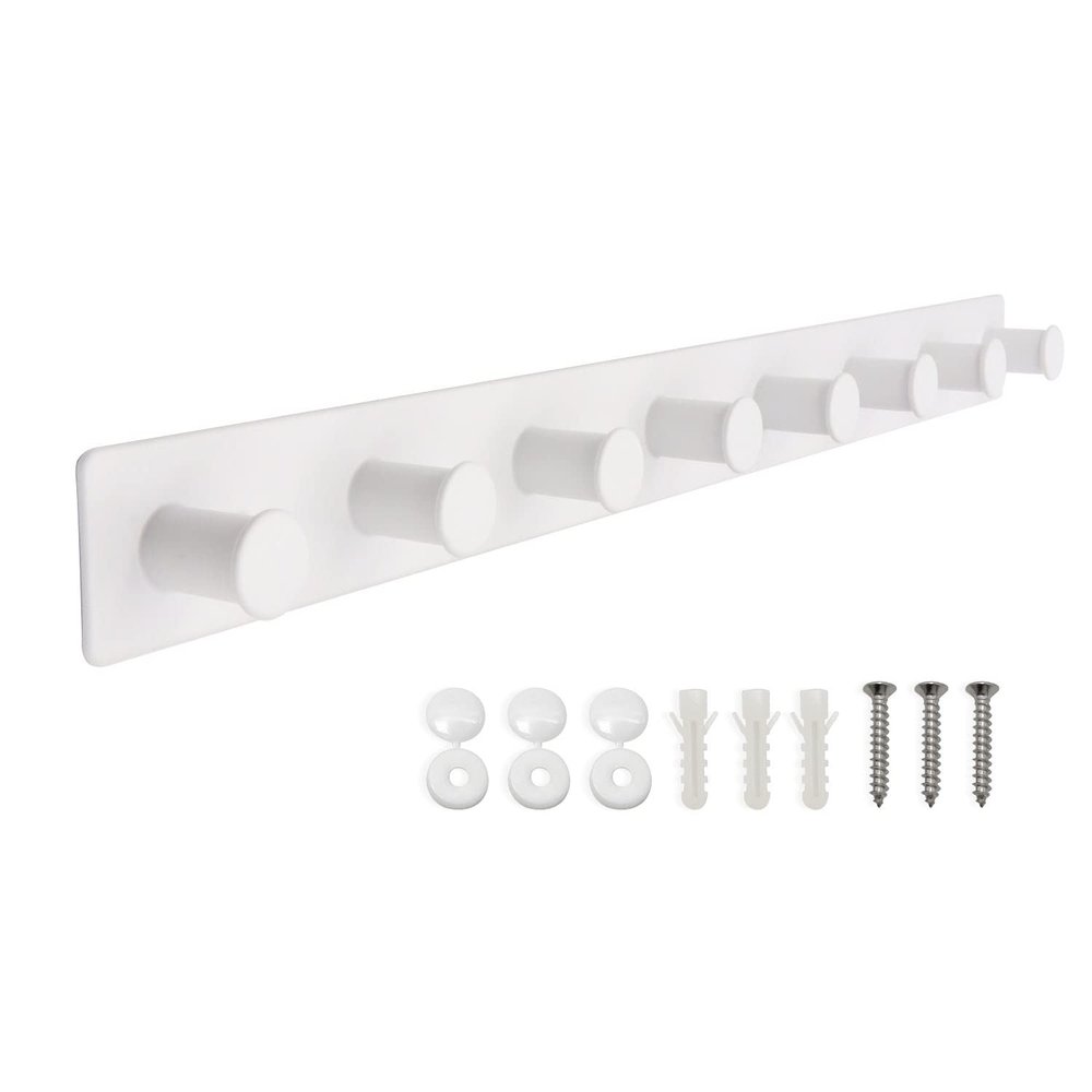 AJLTPA Coat Rack Wall Mount, White Coat Hooks Screw in, Stainless Steel Door Hooks for Hanging Hat Towels Clothes, Hook Rail with 8 Round Hangers (White, 8 Hooks)