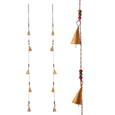 Rustic Vintage Bell for Home Wall Dcor Decoration Garden - 5 Handmade Bells in a String with Beads Wind Chime Bell Chime Cow Cat Cattle Bells Gifting (Antique Golden Cones)