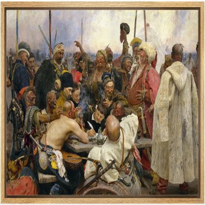 wall26 - Reply of The Zaporozhian Cossacks to Sultan Mehmed IV of The Ottoman Turkey Empire by Ilya Repin - Framed Canvas Print Wall Art Famous Painting Reproduction - 16"x24" Natural