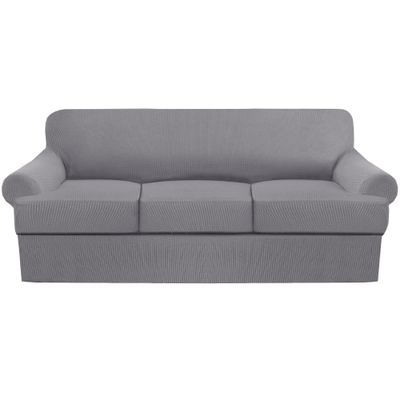 4 Piece T Cushion Sofa Slipcovers Thick Couch Cover Furniture Protector Stretch T Cushion Sofa Covers for 3 Cushion Couch with 3 Individual T Cushion Covers Washable (Light Grey, Sofa)
