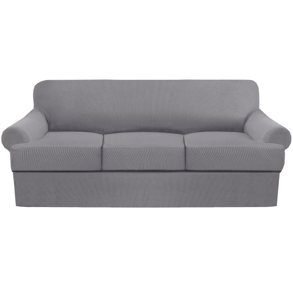 4 Piece T Cushion Sofa Slipcovers Thick Couch Cover Furniture Protector Stretch T Cushion Sofa Covers for 3 Cushion Couch with 3 Individual T Cushion Covers Washable (Light Grey, Sofa)