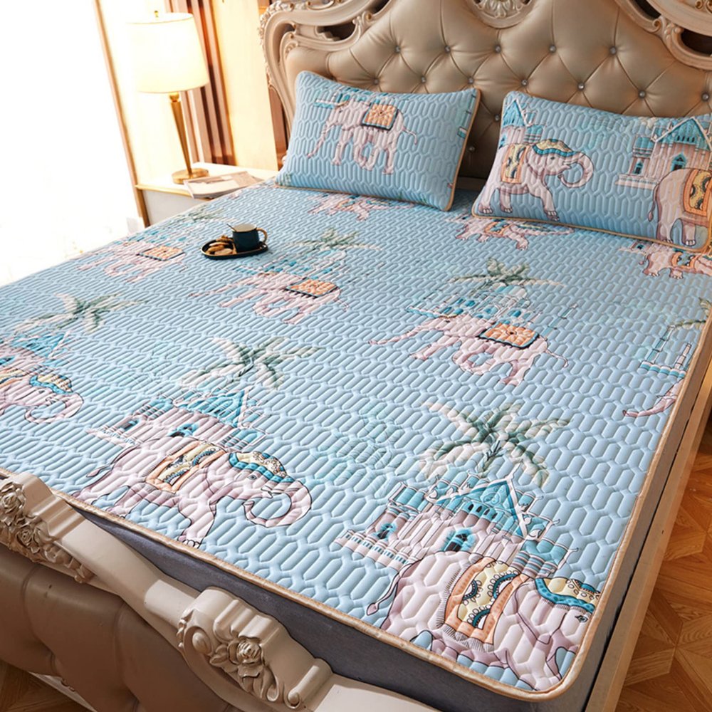 Foldable Cooling Mat with Pillowcase,Summer Latex Ice Silk Printed Mattress,Comfortably Cool Bed Cover for Summer Bedding Air Conditioned Mat-B 180x200cm(71x79inch)