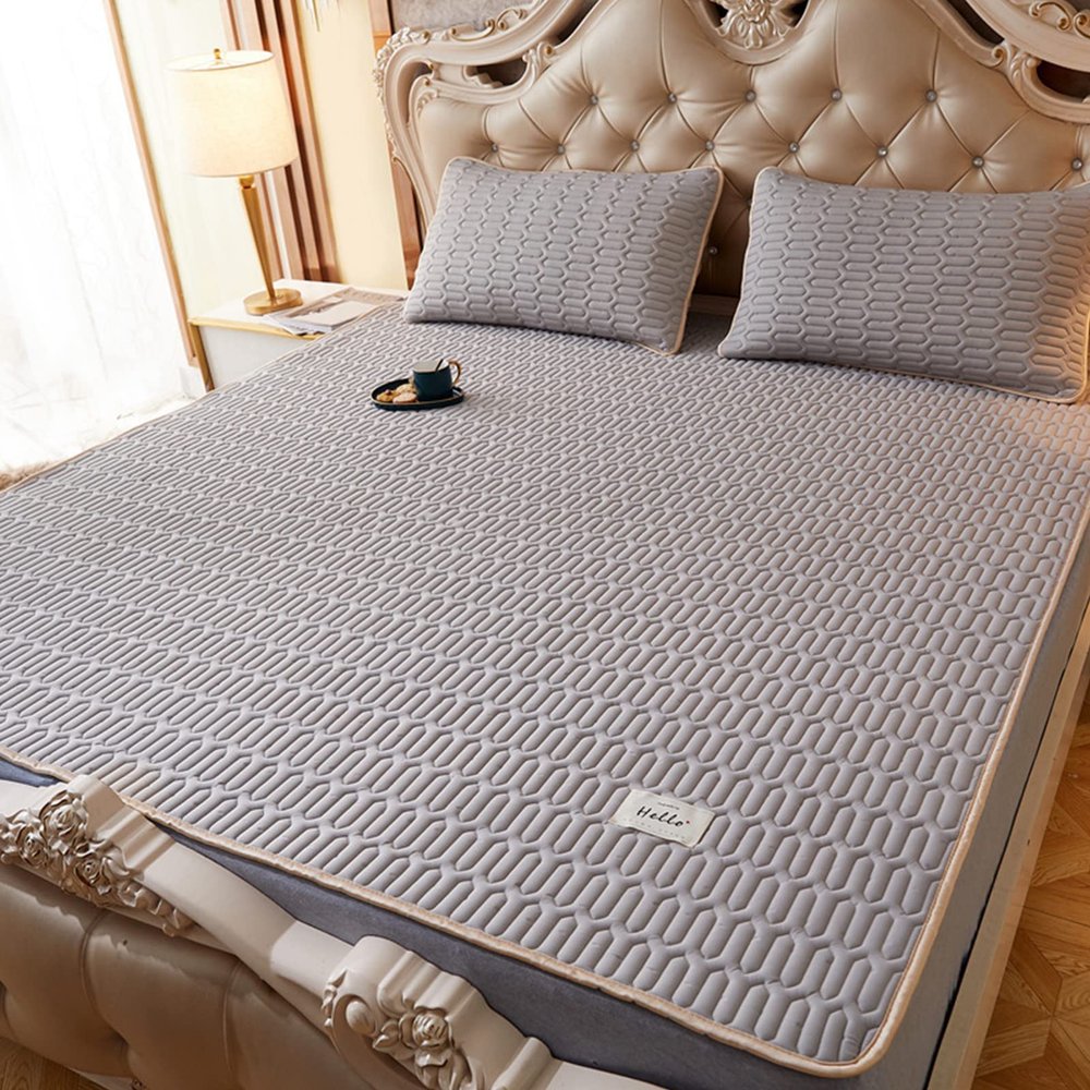 Foldable Cooling Mat with Pillowcase,Summer Latex Ice Silk Printed Mattress,Comfortably Cool Bed Cover for Summer Bedding Air Conditioned Mat-Grey 180x200cm(71x79inch)