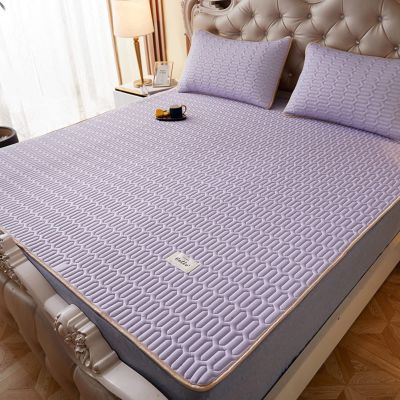 Foldable Cooling Mat with Pillowcase,Summer Latex Ice Silk Printed Mattress,Comfortably Cool Bed Cover for Summer Bedding Air Conditioned Mat-Purple 180x200cm(71x79inch)