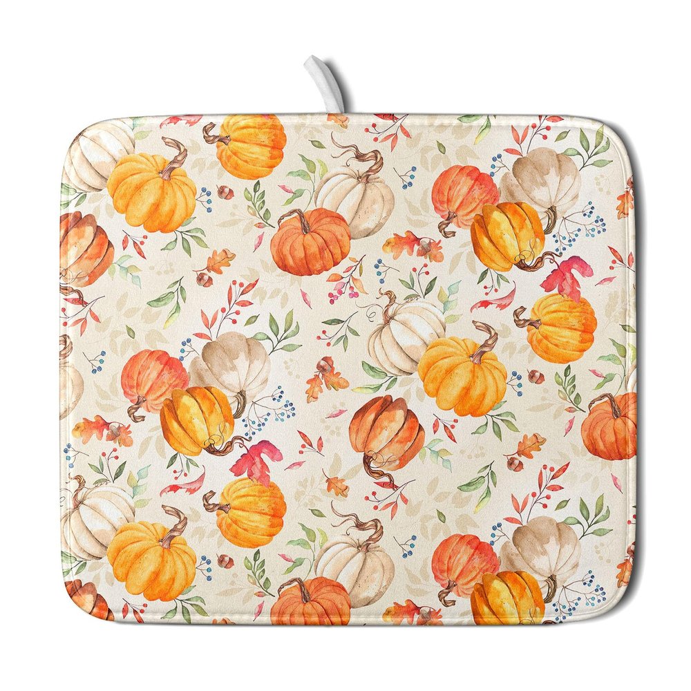Autumn Fall Dish Drying Mat for Kitchen Counter Watercolor Pumpkin Maple Leaves Drying Mat 16 x 18 Inch with Absorbent Reversible Microfiber Dish Drying Pad Dish Rack Drainer Mat for Coffee Bar
