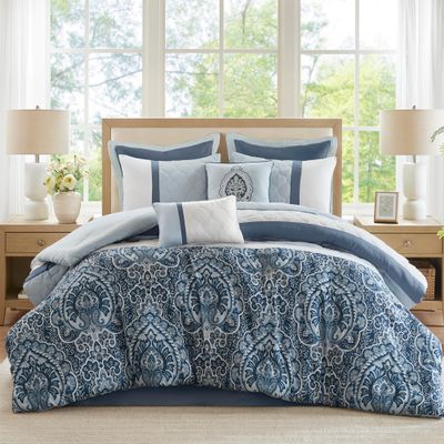 510 DESIGN Luxe Quilted Comforter Set Modern Transitional Design, All Season Down Alternative Warm Bedding Matching Shams, Bedskirt, Decorative Pillow, King, Shawnee Scrollwork Blue