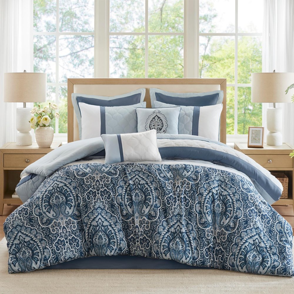 510 DESIGN Luxe Quilted Comforter Set Modern Transitional Design, All Season Down Alternative Warm Bedding Matching Shams, Bedskirt, Decorative Pillow, King, Shawnee Scrollwork Blue