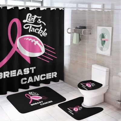 Lets Tackle Breast Cancer Shower Curtain Sets with Non-Slip Rugs 4 Piece Bathroom Sets Toilet Lid Cover Bath Mat Decor Accessories