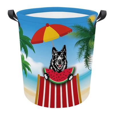 MALIHONG Collapsible Laundry Basket with Handle Summer Watermelon Cute Norwegian Elkhound Dog Print Storage Laundry Hamper Toy Organizer Foldable Washing Bin Dirty Clothes Laundry Bag for Bedroom
