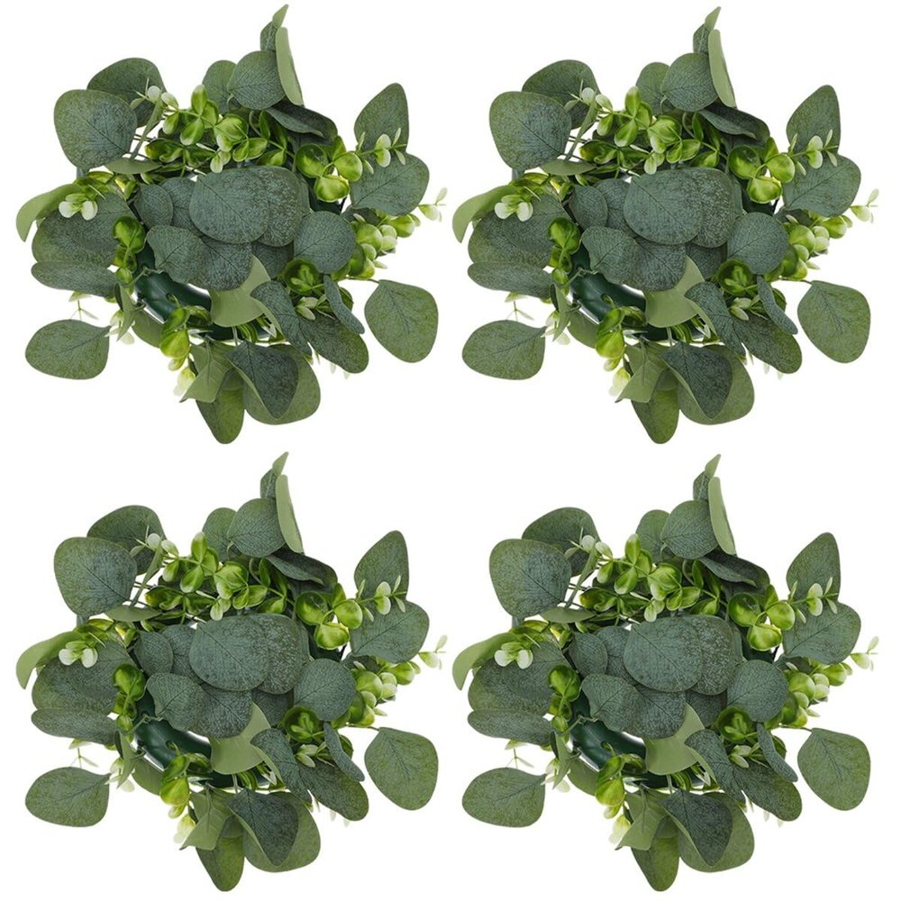 ABOOFAN 4pcs Taper Candle Ring Wreaths Mini Eucalyptus Wreath Small Candle Holder Rings Decorative Glass Tealight Candle Holder for Holiday Party Table Decor Green