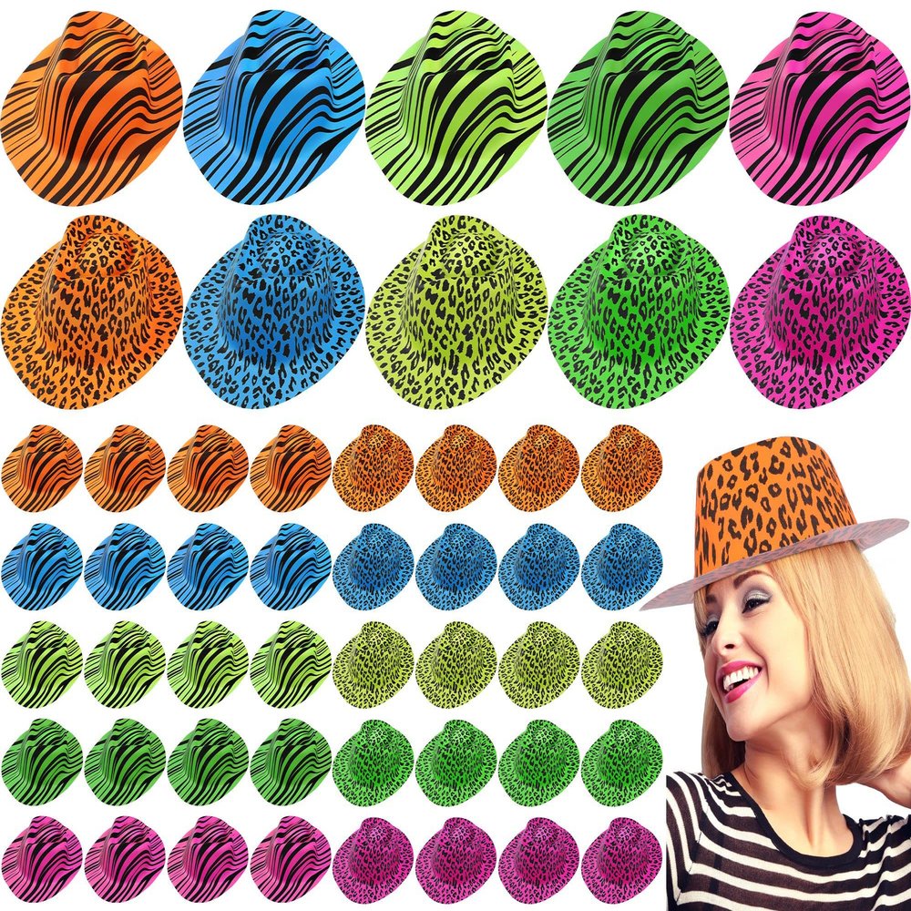 Handepo 50 Pcs Neon Party Hat for Adult Kid, Animal Print Plastic Party Hat