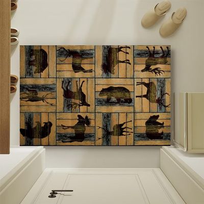 Wooden Texture Bear Elk Deer Moose Shadow Print Area Rug for Living Dinning Room Rustic Country Style Washable Floor Carpet Throw Rugs,2'x3'