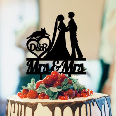 Lesbian Marriage Cake Topper Bride Mrs And Mrs Wedding Cake Topper Bride Two Girl Silhouette Wedding Cake Topper with Chihuahua Dog Silhouette LGBTQ Custom Engagement Cake Toppers Black Acrylic