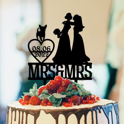 Lesbian Couple Silhouette Wedding Cake Topper with Jack Russell Terrier And Chihuahua Mrs And Mrs Lesbians Wedding Cake Topper Same Sex Couple Cake Topper Personalized Bride LGBT Toppers Black Acrylic