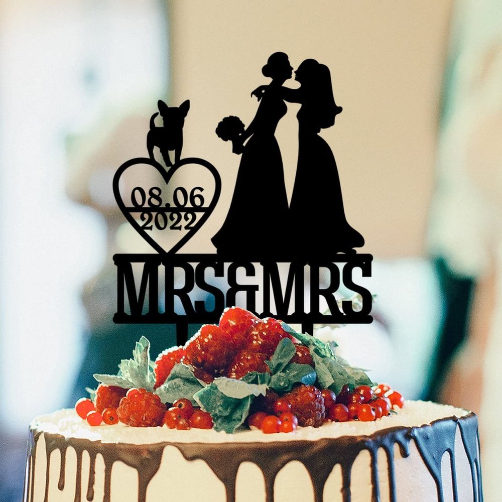 Lesbian Couple Silhouette Wedding Cake Topper with Jack Russell Terrier And Chihuahua Mrs And Mrs Lesbians Wedding Cake Topper Same Sex Couple Cake Topper Personalized Bride LGBT Toppers Black Acrylic