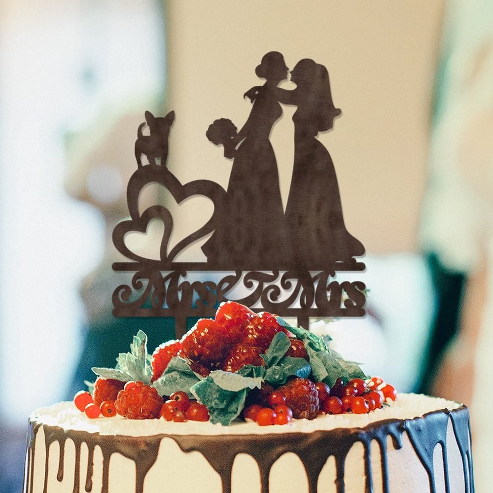 Mrs And Mrs Lesbians Cake Topper Bride & Bride Rustic Cake Topper Bride And Bride Silhouette Wedding Cake Topper with Dog Doberman And Sphynx Cat Personalized Bride LGBT Toppers with Dog Wood