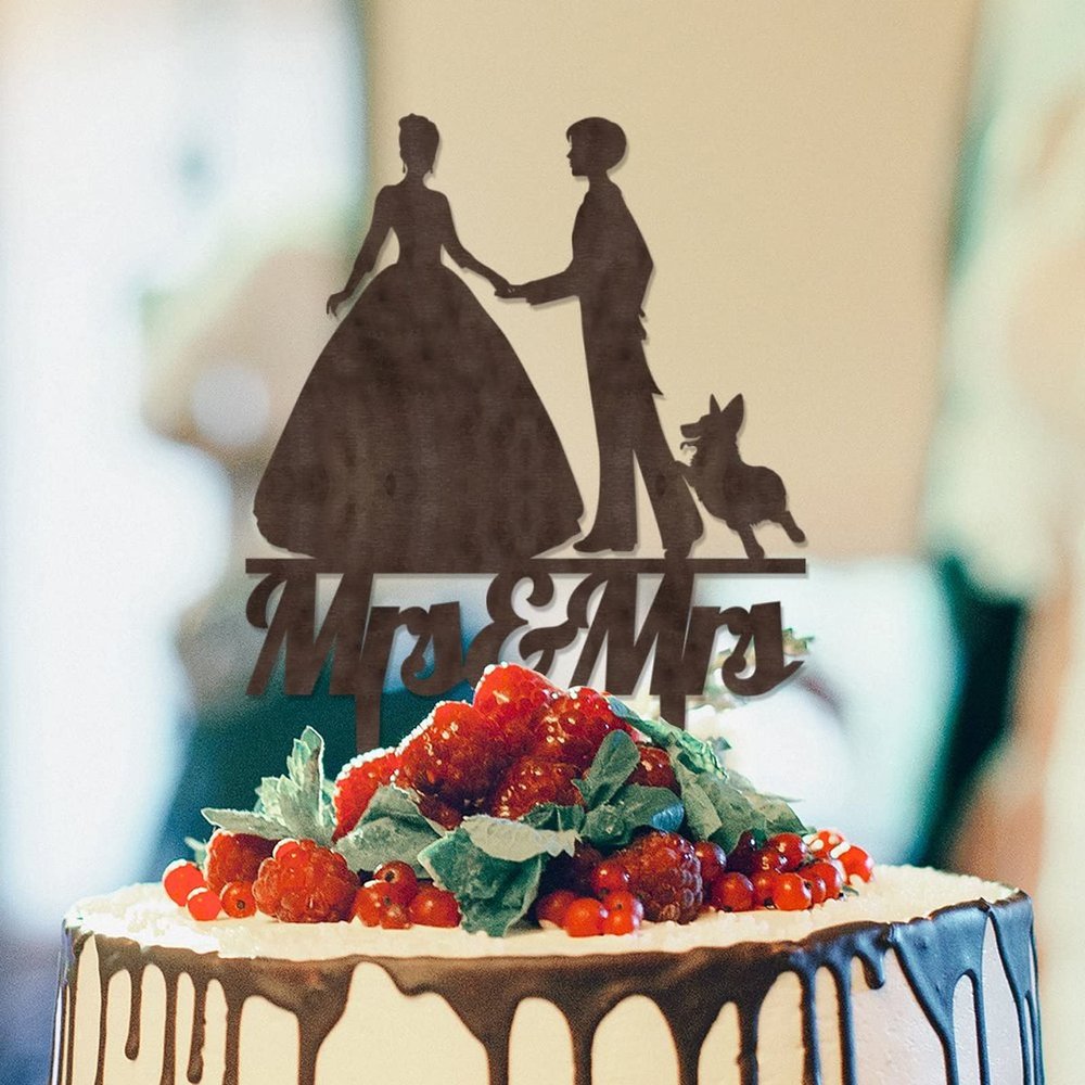 Bride And Bride Silhouette Wedding Cake Topper LGBT Custom Toppers with Dog Mrs And Mrs Lesbians Cake Topper for Wedding Bride Couple Rustic Cake Topper with Jack Russell Terrier And Corgi Dog Wood